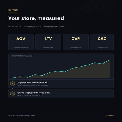 Ecommerce store section: 101 prompts covering AOV, LTV, conversion rate and customer acquisition cost