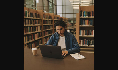 International student studying on a laptop in a university library