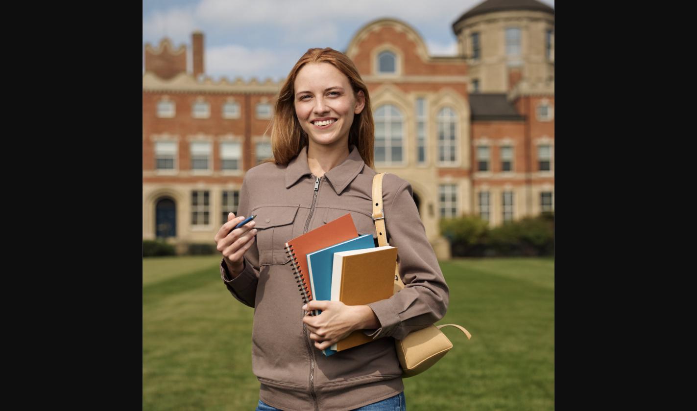 A smiling young woman stands outdoors on a grassy lawn in front of a large brick college building, holding a stack of notebooks and a pen in her hands. She wears a brown zip-front jacket and a tan shoulder bag.