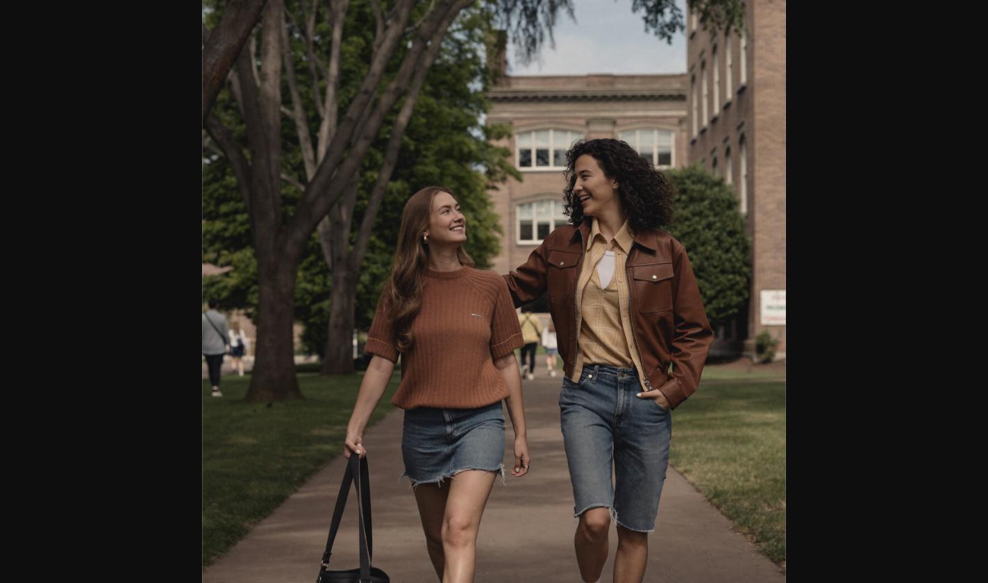 Two women walking and smiling on a campus path, one wearing a rust-brown ribbed short-sleeve top and denim skirt, and the other wearing a brown leather jacket over a tan shirt with denim shorts.