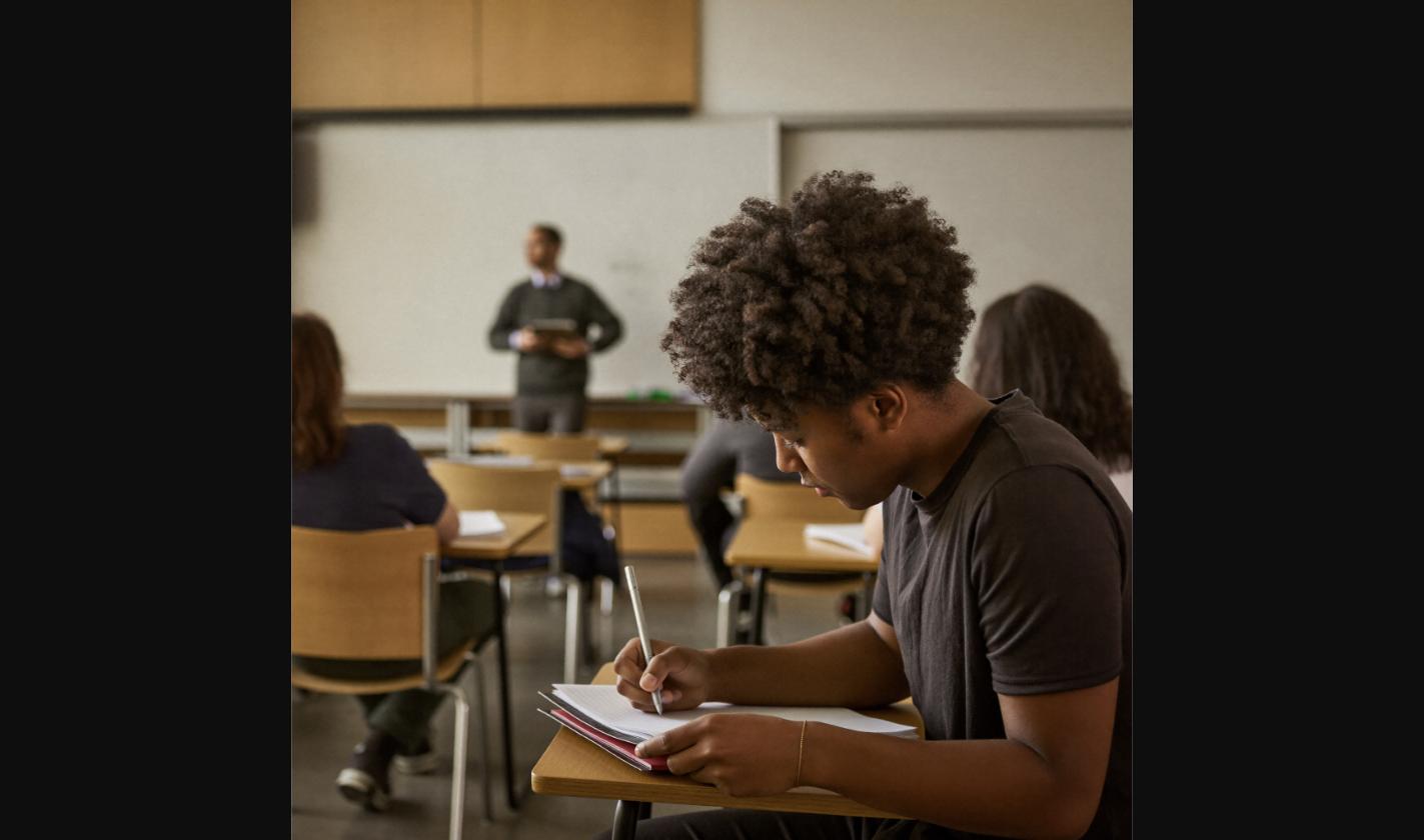 A young man with an afro sits at a desk in a classroom, writing in a notebook. Other students and a teacher are visible in the background.